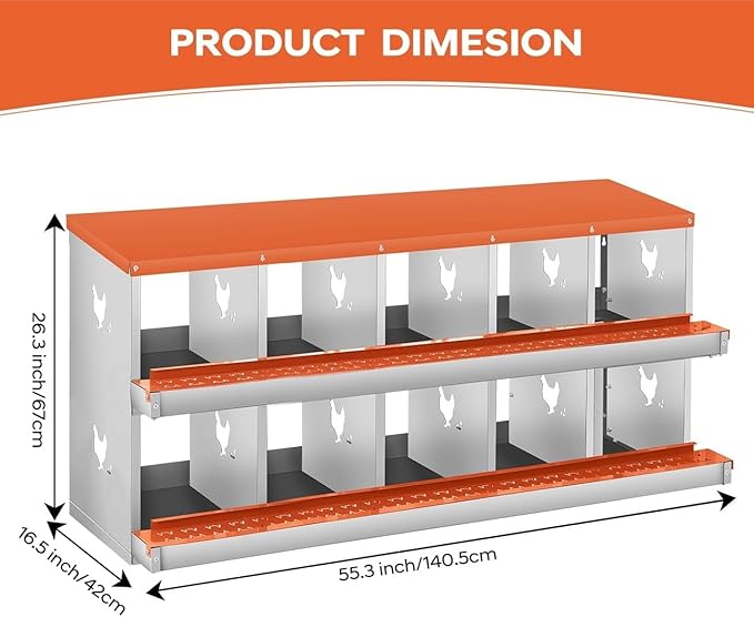 GarveeLife Chicken Nesting Box, 10 Compartments Nesting Box for Chickens, Two-Tier Steel Chicken Egg Laying Box with Large Vented Holes Wall Mounting for Easy Egg Collection