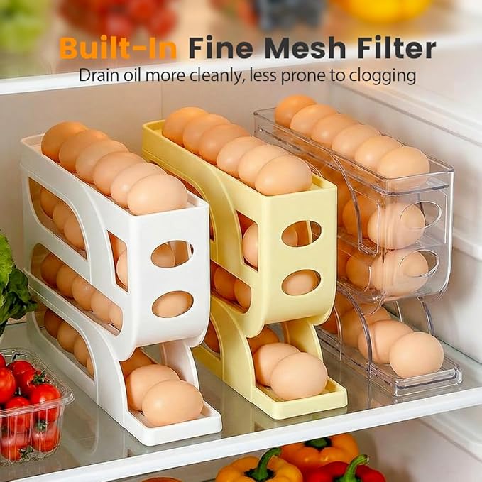 Auto Rolling Egg Holder for Fridge, 4-Tier Egg Dispenser Organizer Holds 28 Eggs, No Assembly Space-Saving Egg Storage Rack for Refrigerator & Countertop (Transparent)