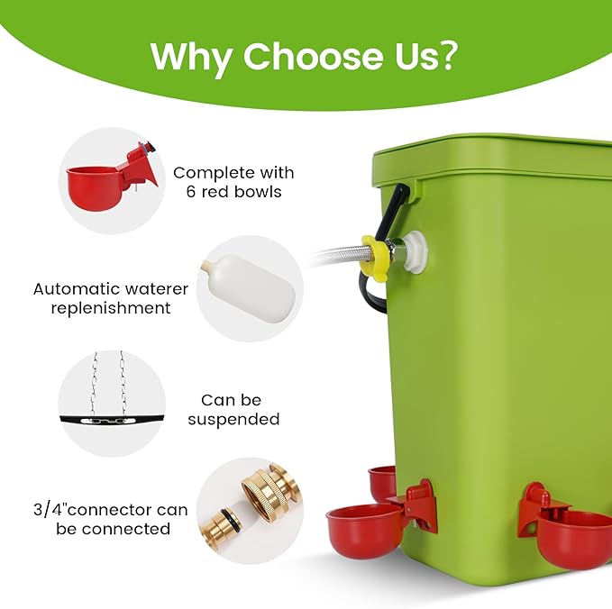 3.2 Gallon Chicken Waterer，Automatic Poultry Waterer Feeder with Float Valve,Hanging Automatic Chicken Water with Hose (One End 3/4") Poultry Waterer Dispenser for Quail Duck Goose Turkeys