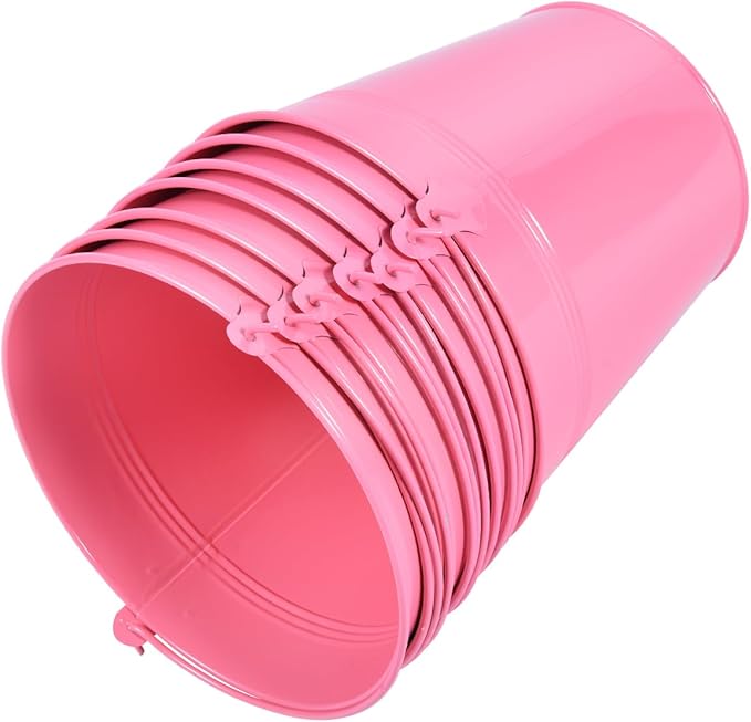 OBTANIM 7 Pack Pink Metal Buckets with Handle Galvanized Ice Pails for Plants, Succulents, Party Favors Organizing, Rustic Home Decor or Classrooms Pencil Storage (7.1 x 5.2 inch)