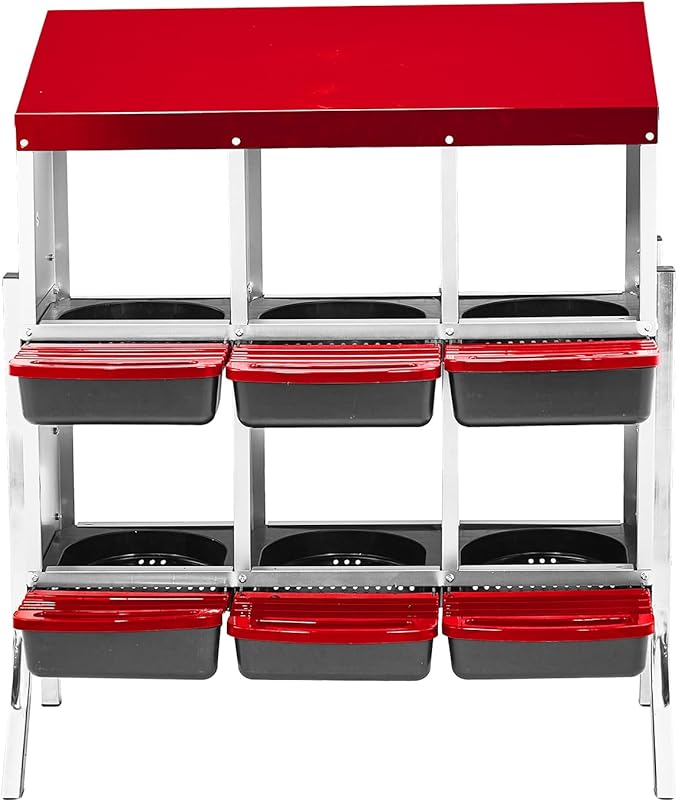 6 Compartment Chicken Nesting Box with Roll Away Egg Design - Wall Mount Hen Laying Box with Pull-Out Trays for Easy Egg Collection, Cleanable & Chicken Coop Accessories, 6 Holes, Red