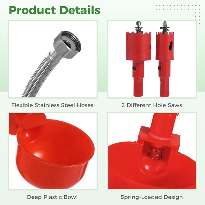Pipeline Automatic Chicken Waterer System, Automatic Chicken Watering Complete PVC Pipelines Set with 8 Deep Drinking Cups, T Connectors, Float Valve, Auto Pipe Feeder Poultry Watering Kit