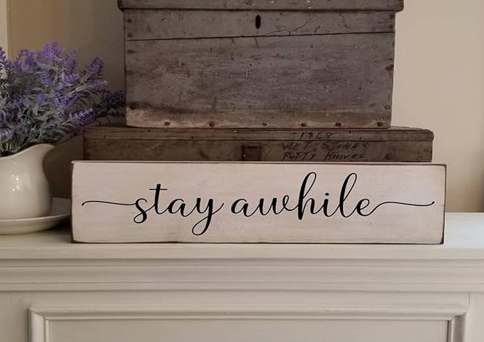 Rustic Wood Plaque Stay Awhile Sign - Living Room Wall Decor -Primitive Signs - Farmhouse Decor -Welcome Sign-Entryway Wooden Signs With Sayings 4" x 16"
