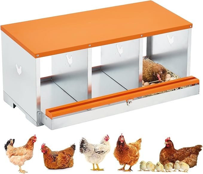 GarveeLife Chicken Nesting Box, 3 Compartments Nesting Box for Chickens, Two-Tier Galvanized Steel Chicken Egg Laying Box with Large Vented Holes Wall Mounting for Easy Egg Collection