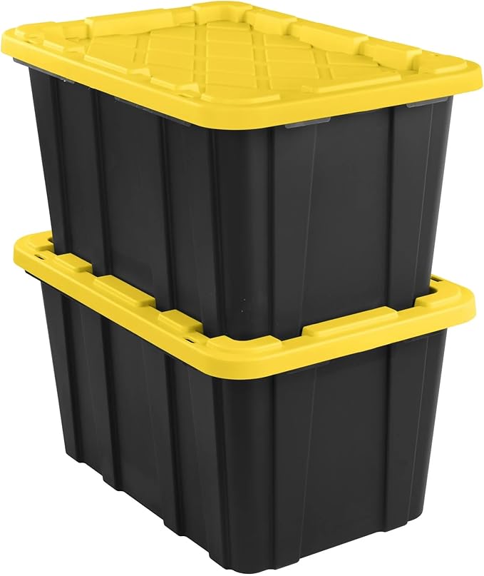 6-Pack Industrial Tote, 27 Gallon Stackable Plastic Storage Bins with Lids - Heavy-Duty Organizing Containers for Closet, Garage, Basement & Office，Black & Yellow