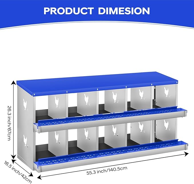 Durable Blue Poultry Nest Box - Metal Chicken Nesting Box for Small Animals - 10 Compartments, Wall Mount, Easy Egg Collection & Protection, No Legs - Blue, 10 Compartments, No Legs