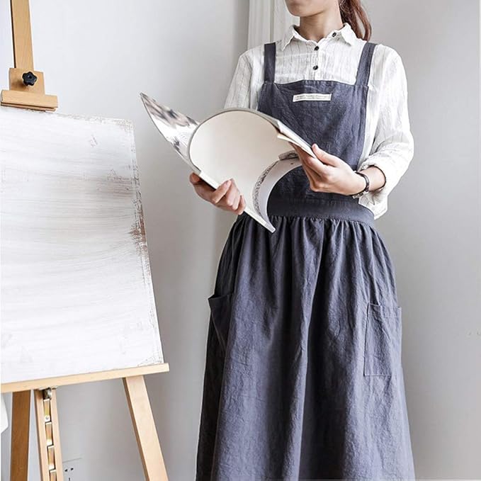 Cotton and linen Kitchen Cooking Aprons Dress for Women with Pockets Cute for Baking Painting Gardening Cleaning