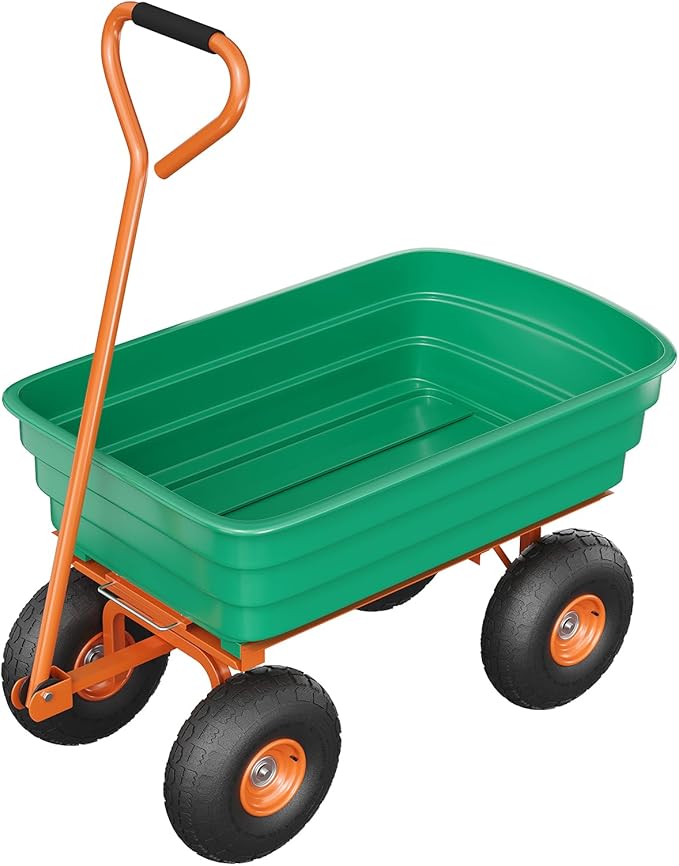 Heavy Duty Garden Dump Cart 1200 lbs, 125L Utility Wagon with 180° Adjustable Handle, Quick Release, 10" All-Terrain Tires for Yard, Lawn, Landscaping – Green + Orange | 1200 lbs. load capacity | 125L