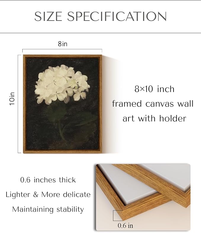 InSimSea Framed Canvas Wall Art, White Hydrangea Oil Painting Canvas Prints, Bedroom Bathroom Wall Art Kitchen Office Wall Decor 8x10in