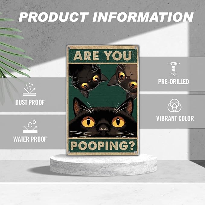 Funny Black Cat Are You Pooping Metal Sign Vintage Bathroom Wall Decor Humorous Art For Restroom Home Decoration 8 x 12 Inch Indoor Aluminum Outdoor Kitchen