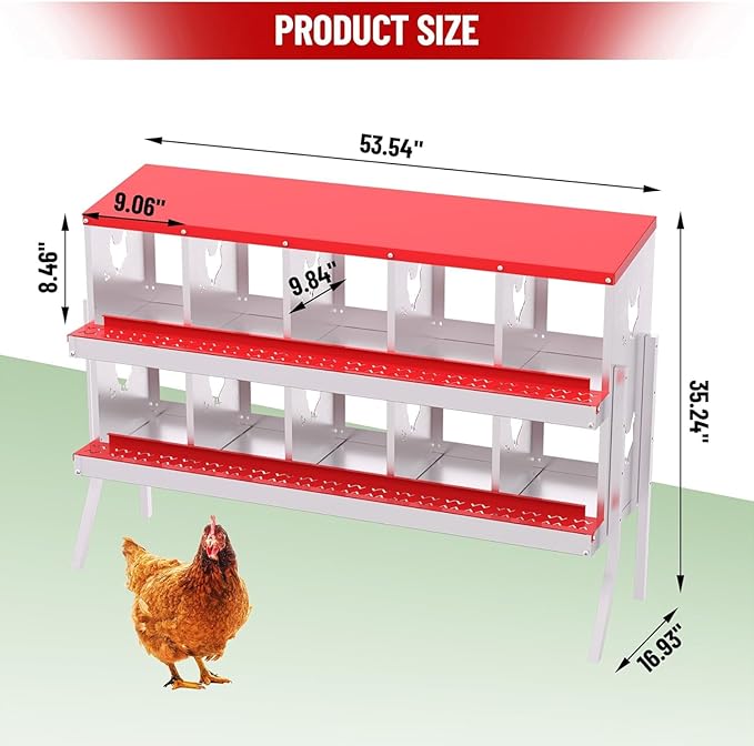 TrailBlaze 10 Compartment Chicken Nesting Box with Metal Legs, Chicken Egg Laying Boxes with Rollout Egg Collection, Large Vented Holes Chicken Coop for Chickens, Hens (Red)