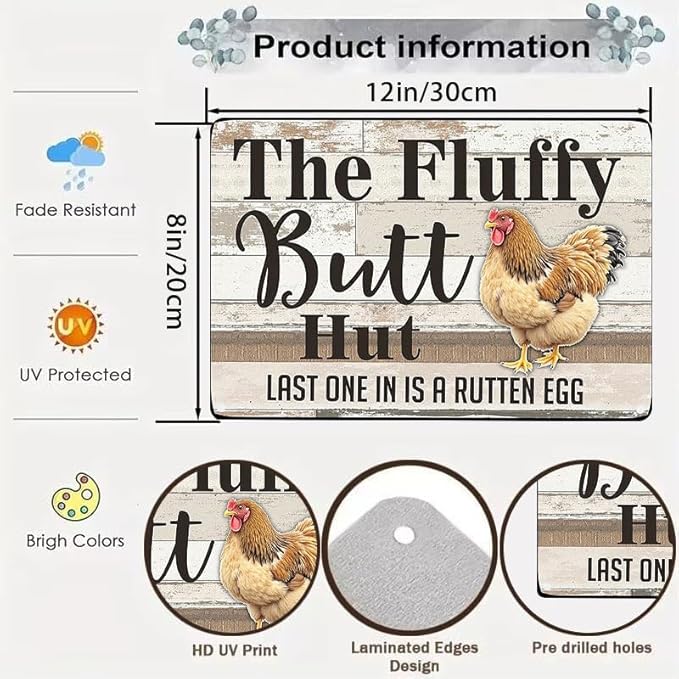 Fluffy Butt Hut Tin Sign Outdoor Decor with Chicken Design for Yard Patio Farmhouse 12x8 Inch