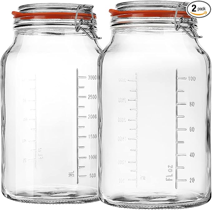 1 Gallon Glass Jars with Airtight Lid, Large Glass Storage Containers with Lids, 2 Pack Wide Mouth Mason Jars with Measurement Marks, Kitchen Pantry Storage for Flour, Sugar, 138oz, Dishwasher safe