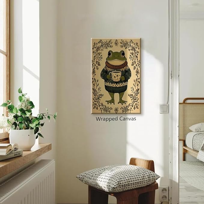 Frog Canvas Wall Art, Green Frog Sweater Dressed Enjoying Tea Poster, Rustic Nursery Animal Painting, Cozy Folk Art Print, Farmhouse Botanical Floral Painting for Kids Room 8x12in Unframed