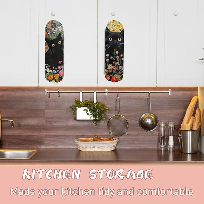 2PCS Cat Plastic Bag Holder, Wall Mount Grocery Bag Holder for Plastic Storage bag, Storage Organizer Reusable Grocery Bags, Pull Rope Free Adjustment, Cat Lover Gifts for Women Mom Sister