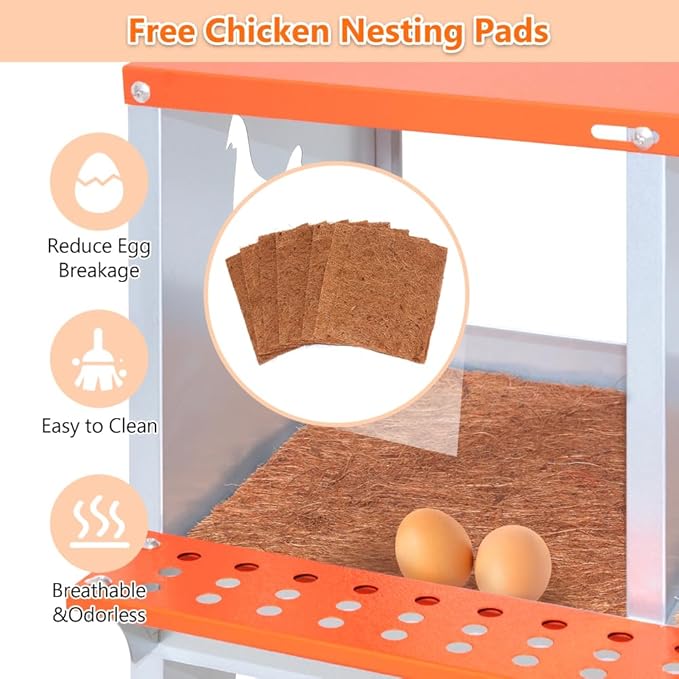4-Bay Wall Mounted Metal Nesting Box for Chickens and Ducks, Heavy Duty Galvanized Steel Chicken Coop Laying Nest with Ventilation Holes, Orange (8-Orange)