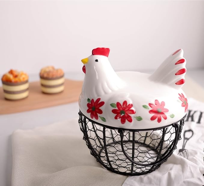 Kitchen Storage Metal Wire Egg Basket with Ceramic Farm Chicken Cover Fresh Egg Holder/Organizer Case/Container