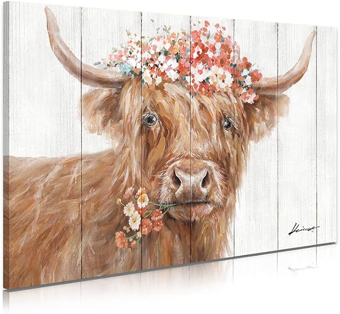 Yidepot Highland Cow Decor for Farmhouse: Retro Scottish Calf pictures hold Flowers Inspirational Quote Canvas Wall Art for boy's bedroom Kitchen Framed Ready to Hang Size 16"x24"