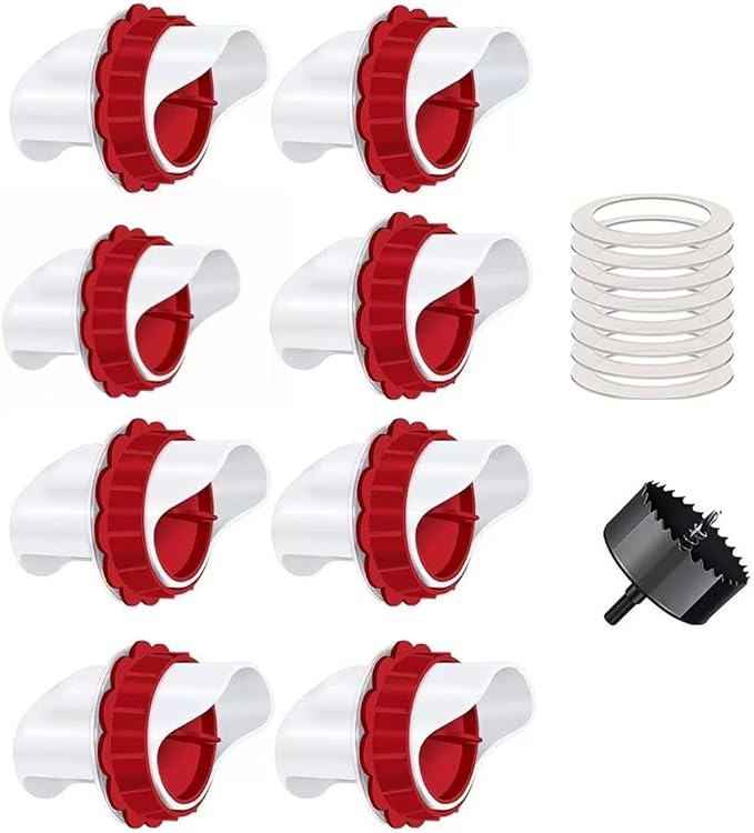 Chicken Feeders No Waste, DIY Automatic Poultry Feeder 8 Ports 1 Hole Saw with Covers Gravity Feed Kit for Buckets Barrels Bins Troughs (Red, 8)