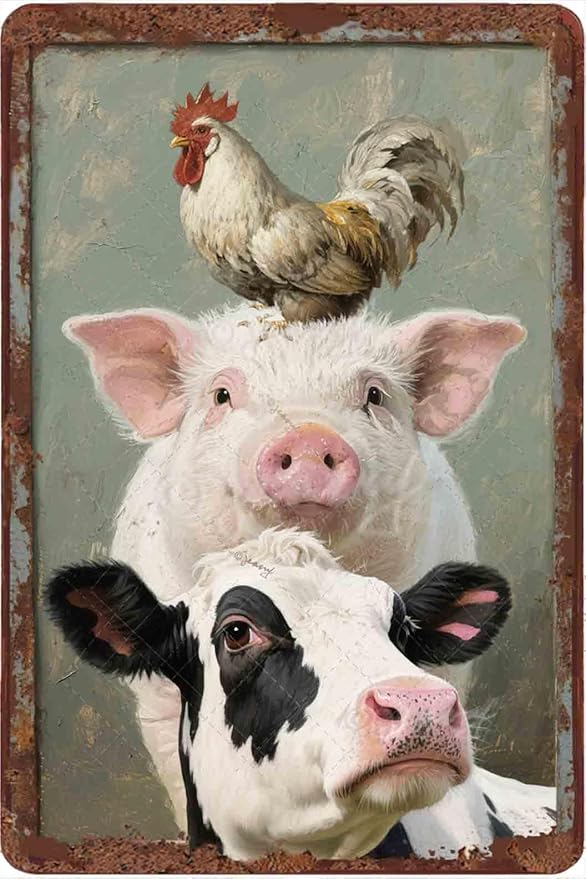 Metal Signs A Pig Cow Chicken Vintage Tin Sign for Home Office Kitchen Bar Cafe Garden Farmhouse Chicken Coop Wall Decor 12x8 Inch