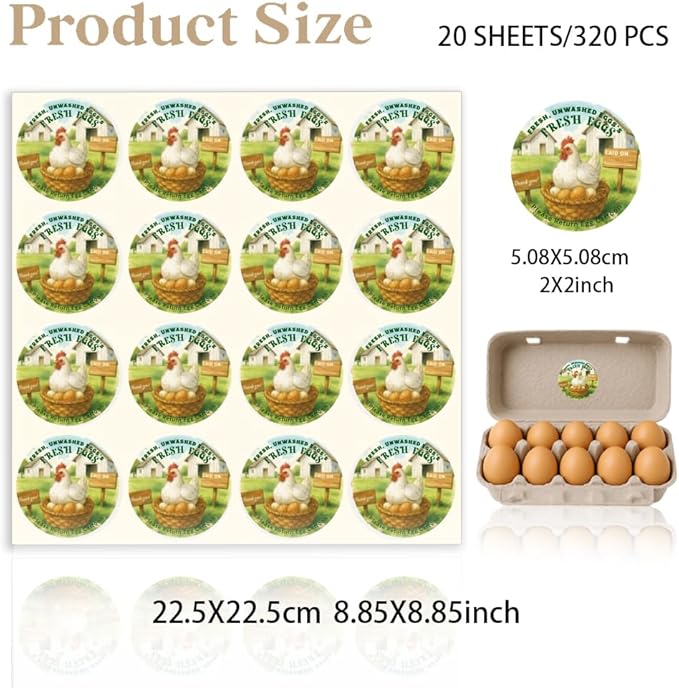 320 Pcs Chicken Egg Carton Labels, 2 Inch Round Colorful Farmhouse Chicken Eggs Handling Stickers Fresh Eggs Packaging Sticker for Box Container Carton Farm Supplies