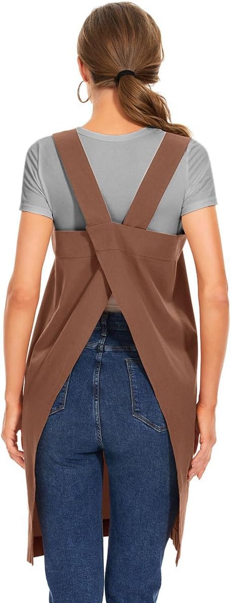 Larmliss Women's Cotton Cross Back Apron Pinafore Dress with Big Pockets Loose Square Apron for Baking Cooking Gardening