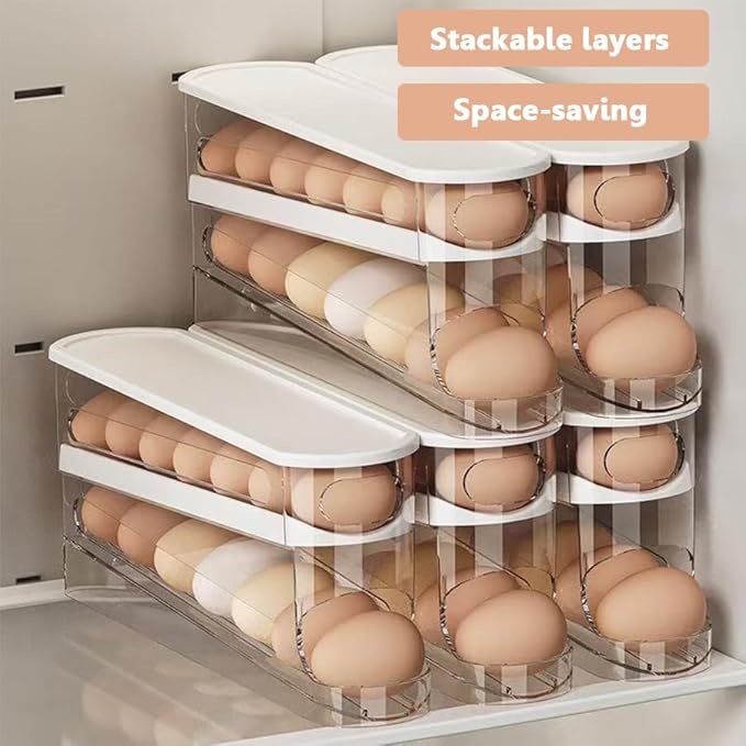 Auto-Rolling Egg Dispenser with Lid - Transparent Fridge Egg Organizer, Space-Saving Refrigerator Storage Box with Slide Design for Side Door, Stackable & Easy Access (1 Pack)