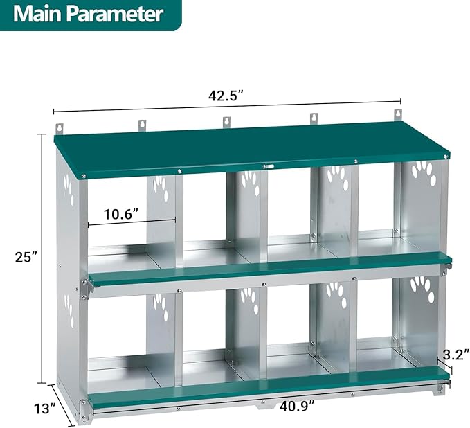 Chicken Nesting Box, 8 Compartment Metal Nesting Box, Wall Mountable Nesting Boxes for Chicken, 42.5" L x 13.0" W x 25.0" H, Green