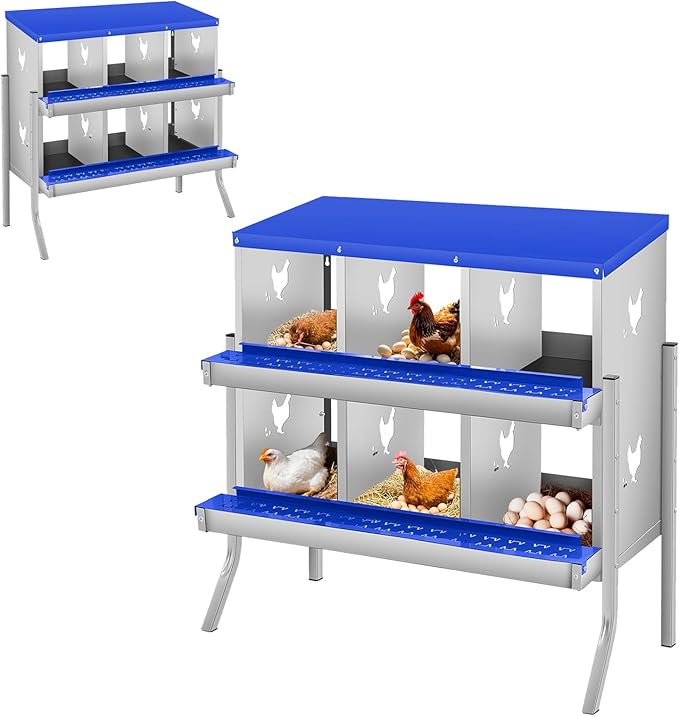 Metal Nesting Boxes for Chickens-6 Compartment Chicken Nesting Box for Laying Eggs, Wall Mountable Roll Away Laying Boxes for Hens and Chicken Coop