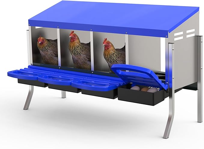 Chicken Nesting Box 4 Hole, Galvanized Steel Nest with Roll Away Egg Collection & Swing Perch, Easy-Clean Laying Box for Hens, Heavy Duty Design for Chicken Coop