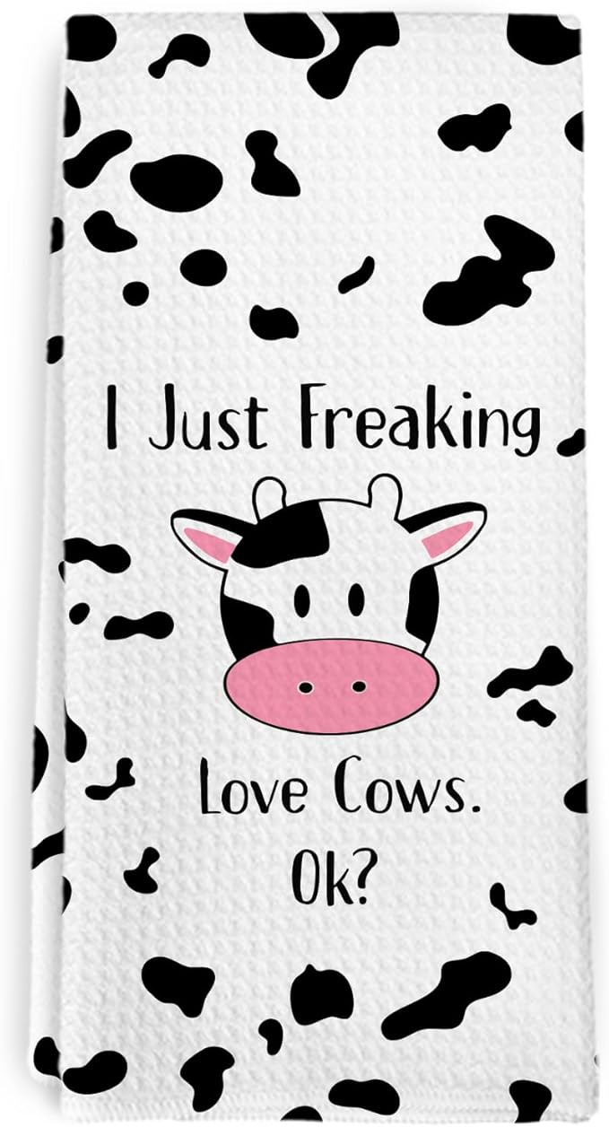 Funny Cute Cow Gifts Kitchen Towel and Dish Towel, I Just Freaking Love Cows Ok Hand Towels, Cute Cows Decorative Hand Dish Tea Towels for Nursery Bathroom Kitchen,Gifts for Cow Lovers 16x24