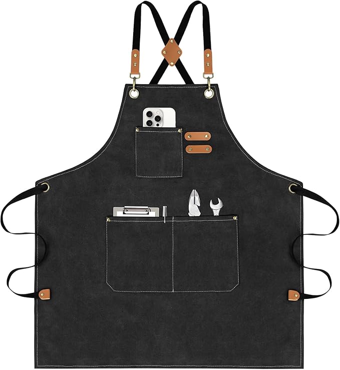 AOLEBA Aprons for Men & Women,Canvas Chef Apron with Cross Back Adjustable,For Kitchen, Garden, Cafe, Mens Aprons Gifts for Dad Father Men, M-XXL (Black)