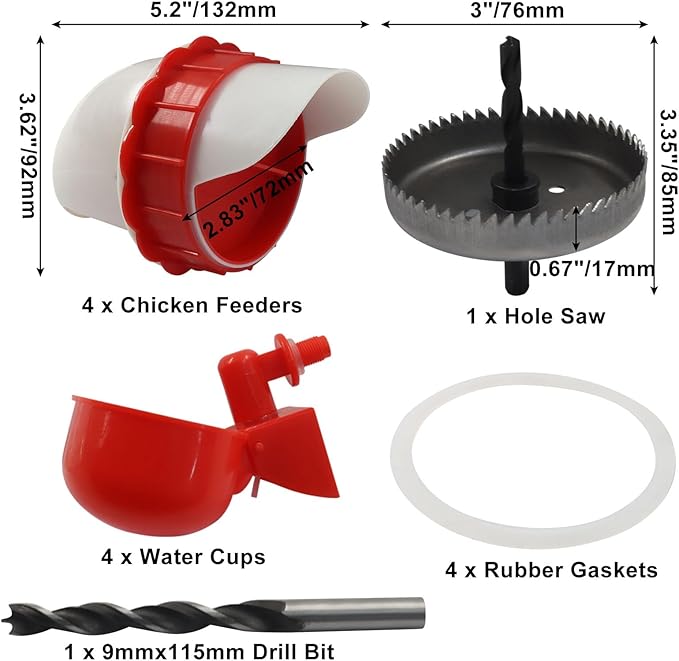 4pcs Chicken Feeder & Water Cups Kit with Hole Saw, Heavy Duty Rainproof & No-Waste DIY Automatic-Feeding Gravity System for Buckets/Troughs