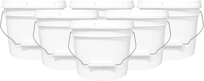 2-Gallon Bucket with Airtight Lid – Made in USA, Food Grade BPA Free Plastic, Heavy Duty Multi-Use, Metal Handle with Grip, Stackable Storage – White, 6 Pack