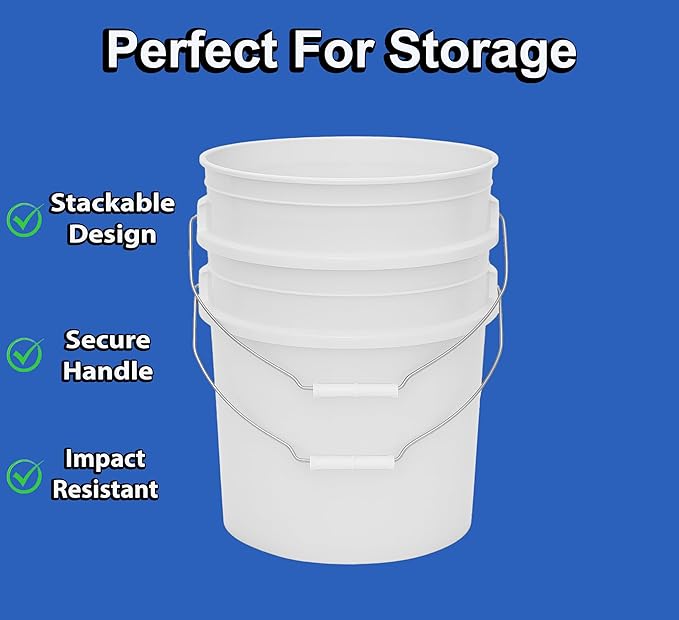 5-Gallon Bucket Only – No Lid Included, Made in USA, Food Grade BPA Free Plastic, Heavy Duty Multi-Use, Metal Handle with Grip, Stackable Storage – White, 3 Pack