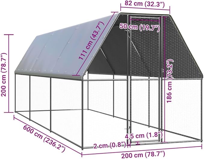 Galvanized Steel Chicken Cage 78.7 x 78.7 x 78.7 in Silver Large Outdoor Coop with Polyethylene Roof Weather-Resistant Shelter for Backyard Garden Farm