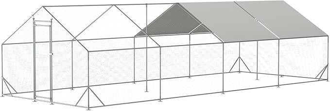 IchbinGo Large Metal Chicken Coop with Waterproof Cover, Walk-in Metal Poultry Cage Spire Shaped Coop, Chicken Run Duck House with Anti-UV Cover for Outdoor Backyard Farm (10' L x 25.5' W x 6.56' H)