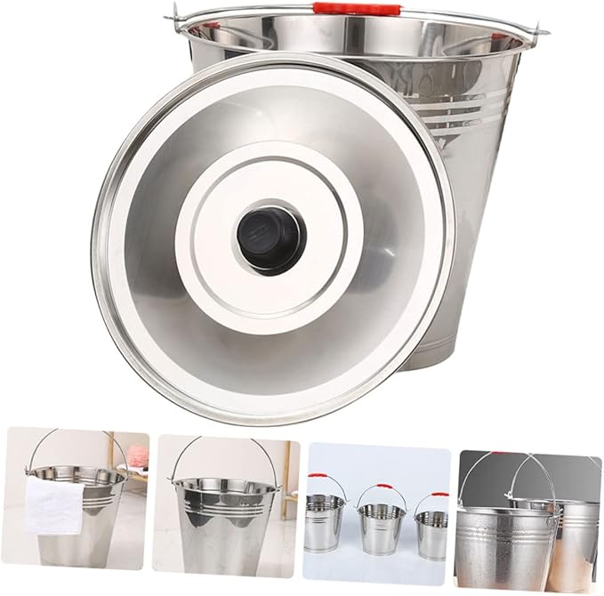 Mobestech 304 Stainless Steel Large Capacity Pickup Bucket with Lid Multipurpose Water Storage Container for Milk Ice Cubes Sturdy Design for Farm and Household Use