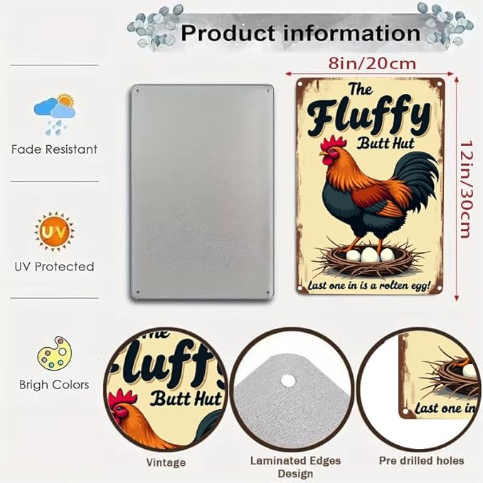 Fluffy Butt Hut Chicken Sign 12x8 Inch Outdoor Decor with Funny Farmyard Saying Last One in is A Rotten Egg for Yard Patio Farmhouse