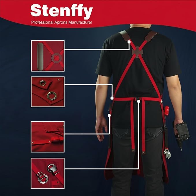 Woodworking Apron, Tool Apron, Canvas, Multiple Pockets, Adjustable Zipper, Metal Ring, Tape Measure Clip, Plus Size, Red