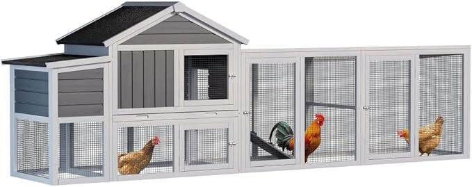 Large Wooden Chicken Coop for Outdoor Use with Run, Waterproof Roof, Anti-UV Protection, Removable Tray, and Nesting Box for 2-4 Hens (Gray + Wood)