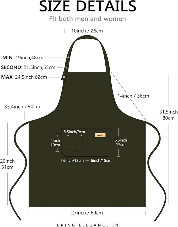 Adjustable Button Apron for Women Men Artist Painting Pottery Garden Cooking Kitchen Chef 3 Pockets Waterproof M-XXL