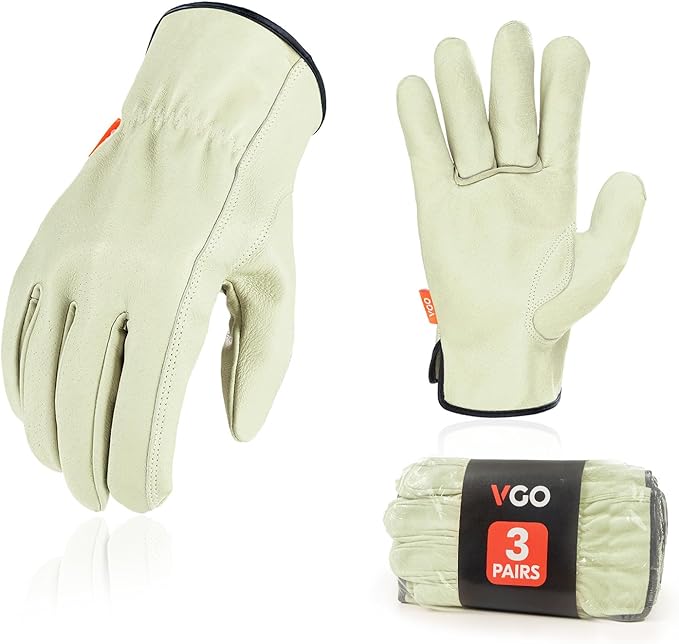 Vgo... 3-Pairs Ulined Safety Pigskin Leather Work Gloves Men, Rigger Gloves, Builder Gloves (Size L, Light Cyan, PA9501)