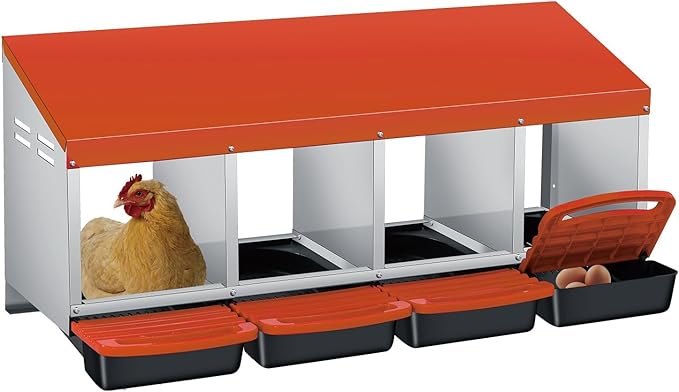 4-Hole Chicken Nesting Box, Roll Away Nest with Removable Tray, Easy Egg Collection & Cleaning, Wall-Mount Nesting Boxes for Hens, Chicken Coop - Orange