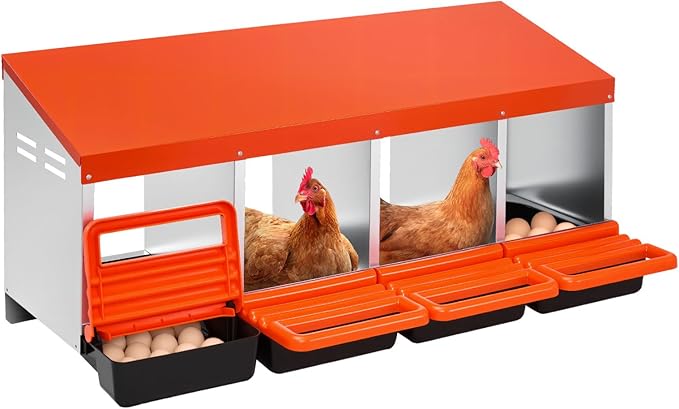 VEVOR Chicken Nesting Boxes, 4 Compartments, Metal Egg Laying Boxes with Protective Collection Lids, Roll Out Nesting Box, Easy to Assemble, Ideal for Hens, Ducks, Chickens, and Other Poultry, Orange