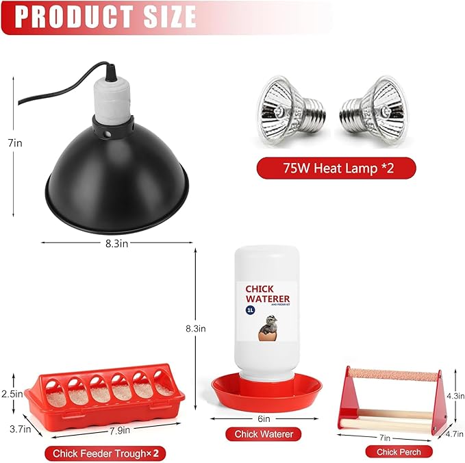 Chick Heat Lamp, 5 Pcs Chick Starter Kit with Chick Feeder and Waterer Set, Chick Stand Perch, Baby Chicken Supplies for Baby Chick, Duck and Quail