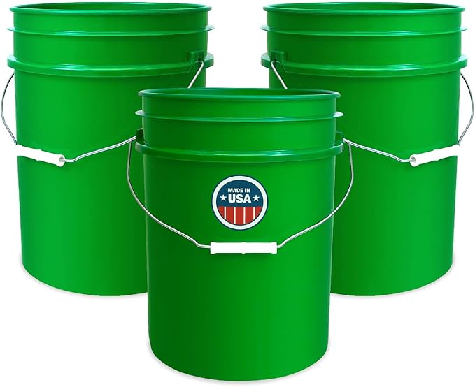 5 Gallon Bucket Only | Made in USA | Food Grade | Durable 90 Mil All Purpose Pail | BPA Free | Premium HPDE | Easy Stack and Store | Lids Not Included (Green, 3)