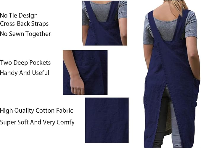 Women's Pinafore Apron Cross Back Apron with Pockets Cotton Linen Apron Dress Plus Size
