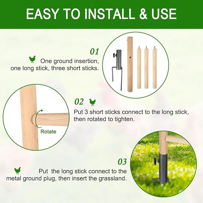 Chicken Perch Toy for Coop, Chicken Perch Stand Wooden with Metal Ground Plug, Roosting Bar for Chicken Coop Toys, Suitable for Poultry Rooster Chicks Bird Parrot
