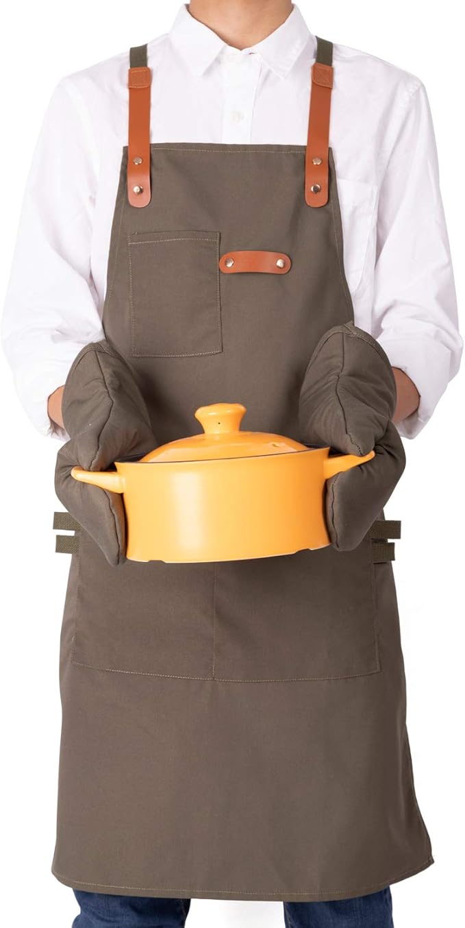 NEOVIVA Canvas Tool Apron for Men and Women with Pockets, Heavy Duty Cross Back Work Apron for Shop BBQ Woodworking
